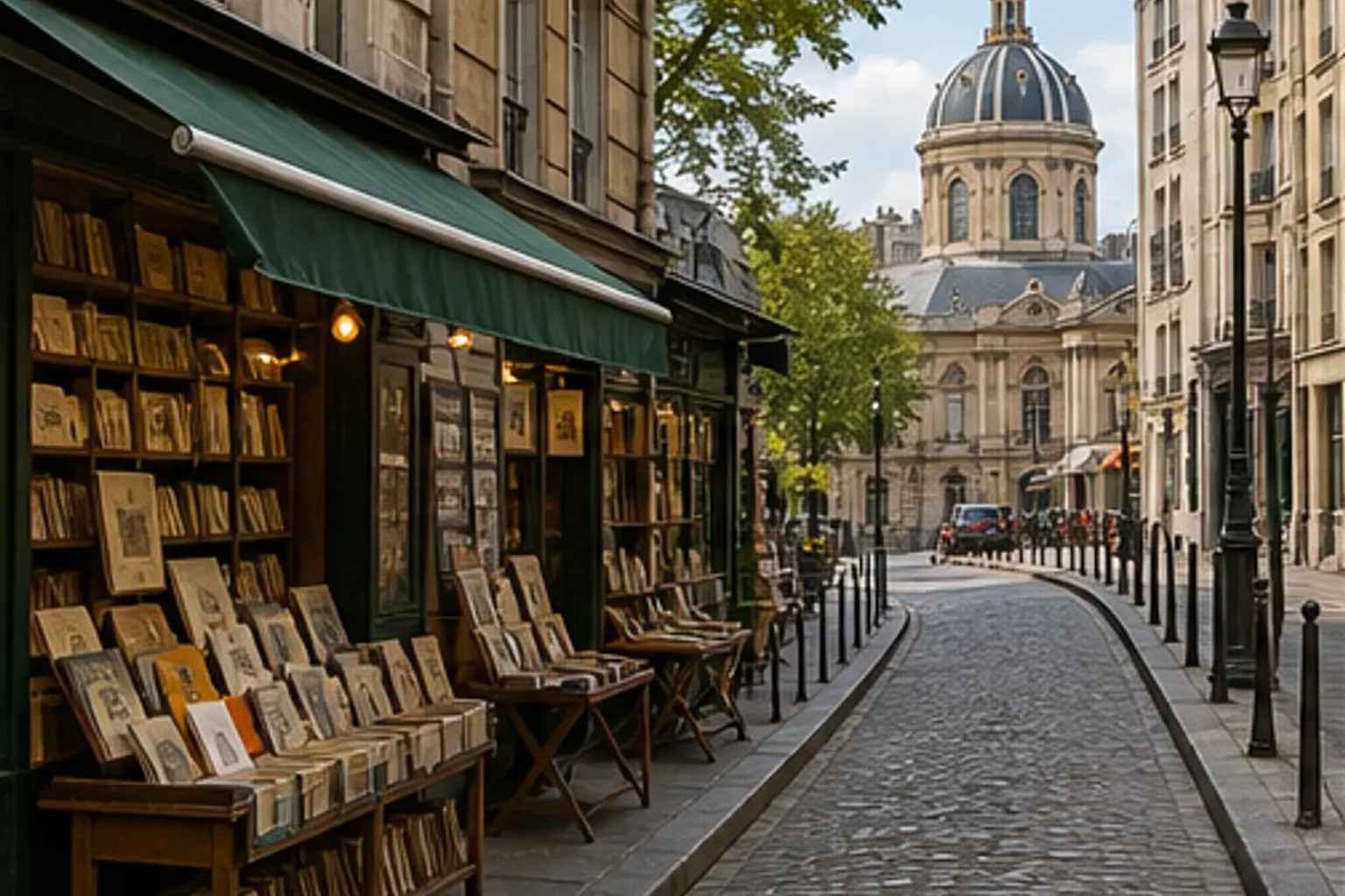 Illustration éditoriale : Librairie en devanture sur une rue pavée du Quartier latin