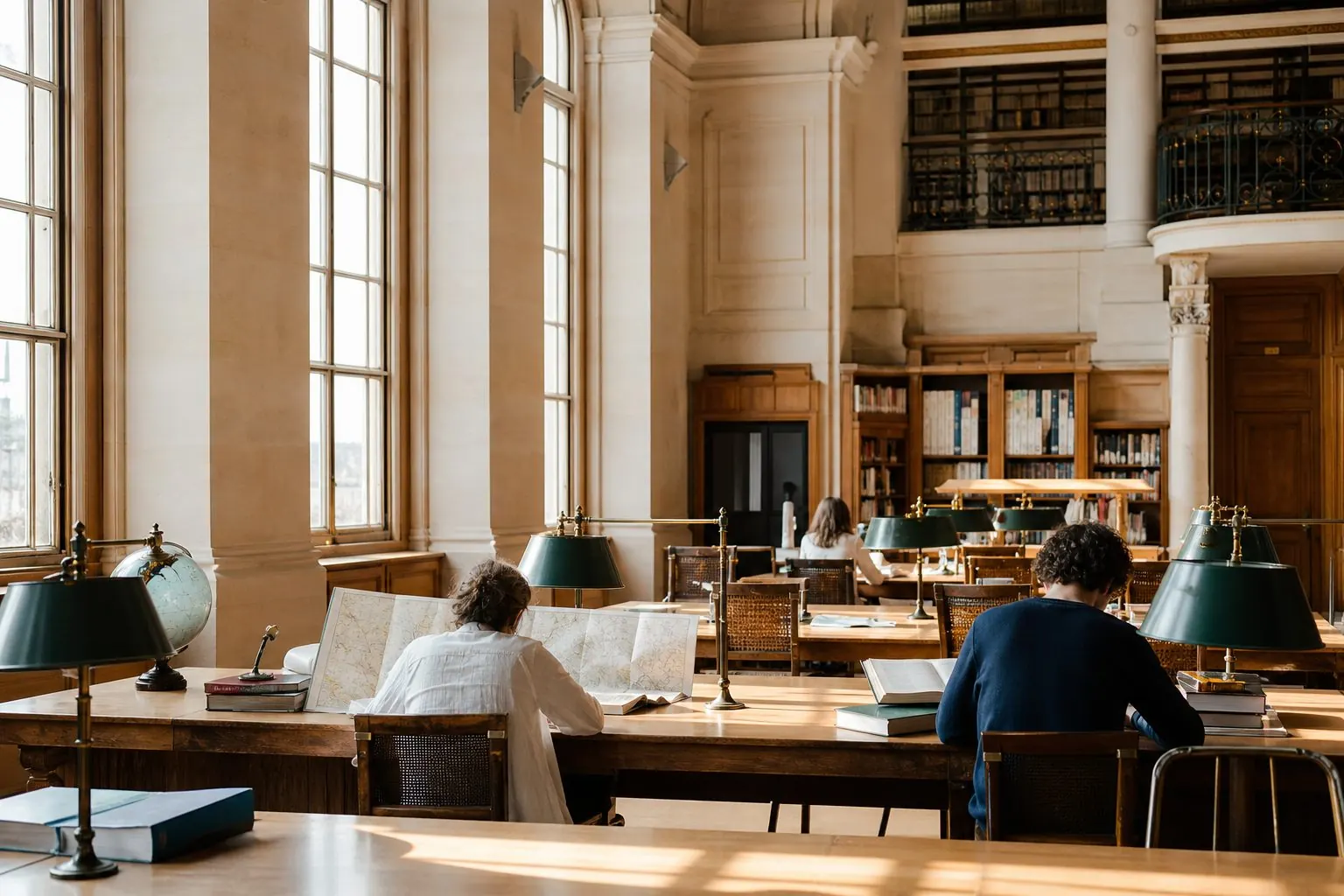 Salle de lecture parisienne, tables, livres et visiteurs
