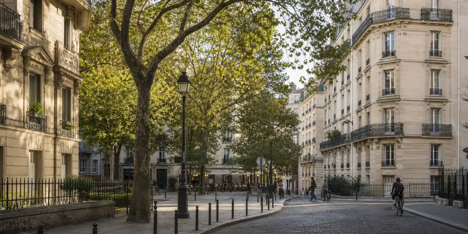 Rue de quartier parisienne bordée d’arbres et de façades en pierre