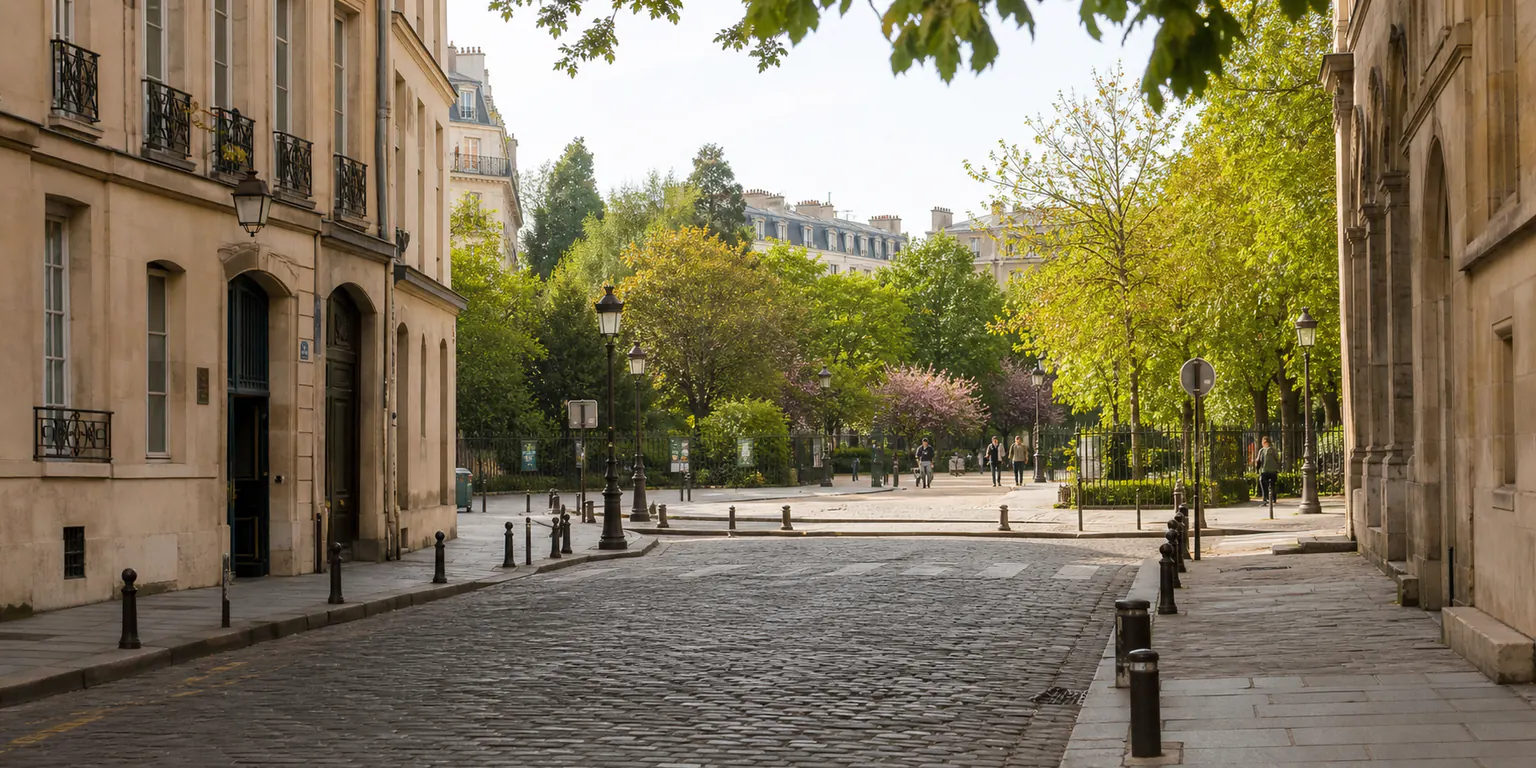 Rue parisienne ouvrant sur un jardin, architecture en pierre et promeneurs au loin