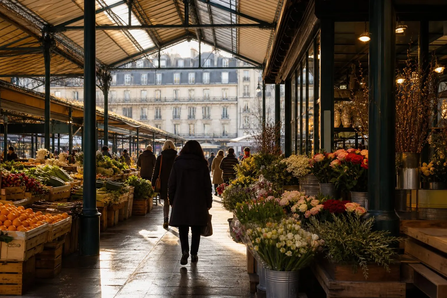 Illustration éditoriale : Marché couvert parisien avec étals de produits frais