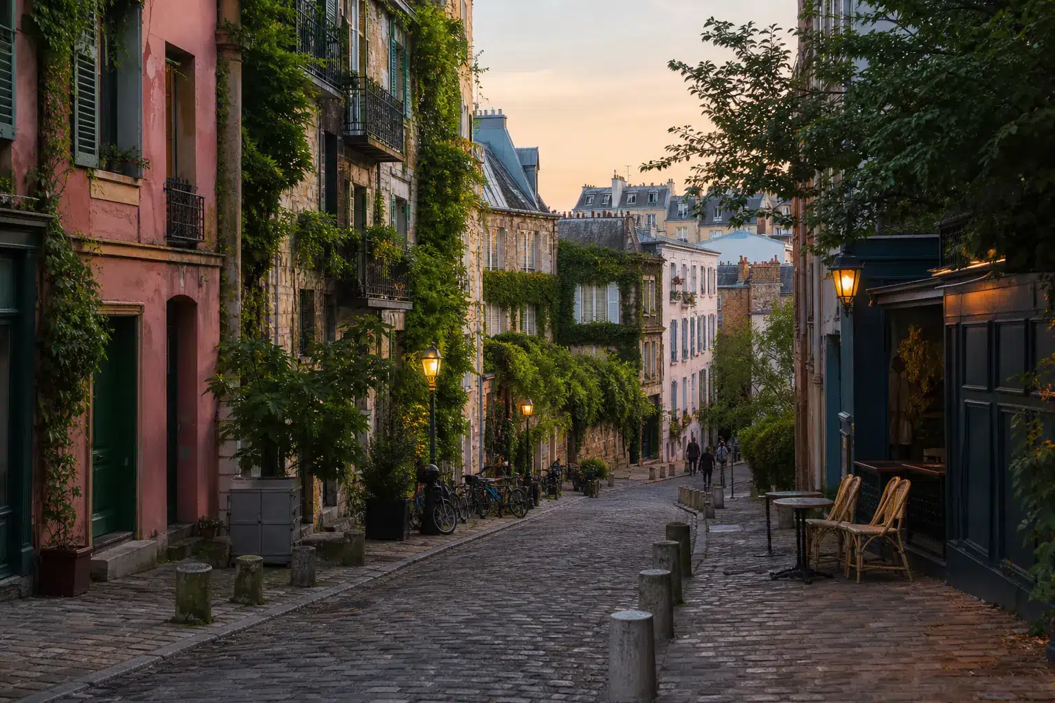 Rue pavée et végétalisée dans un quartier parisien à la lumière du soir