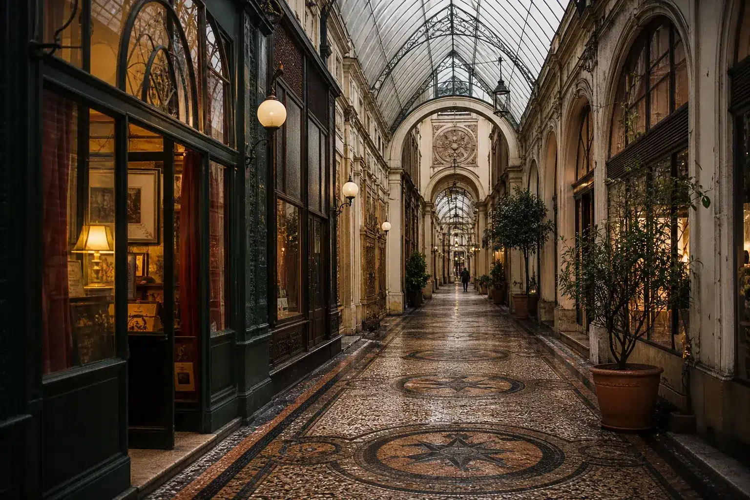 Editorial illustration of shops beneath a Paris covered passage