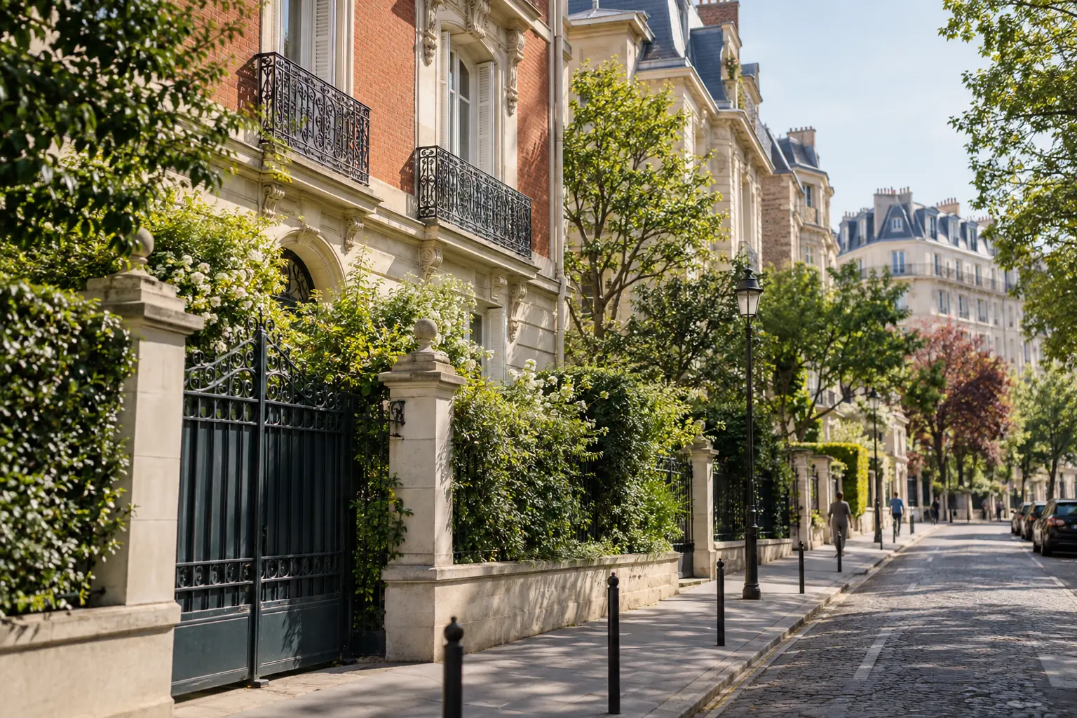 Illustration éditoriale : Rue résidentielle arborée et façades en pierre dans l’ouest parisien