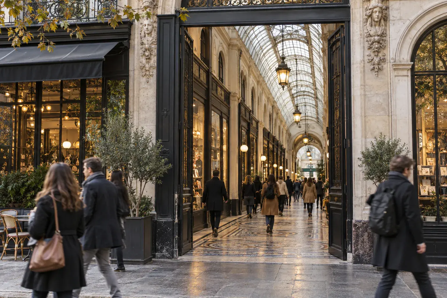 Illustration éditoriale : Boulevard et entrée de passage couvert à la tombée du jour