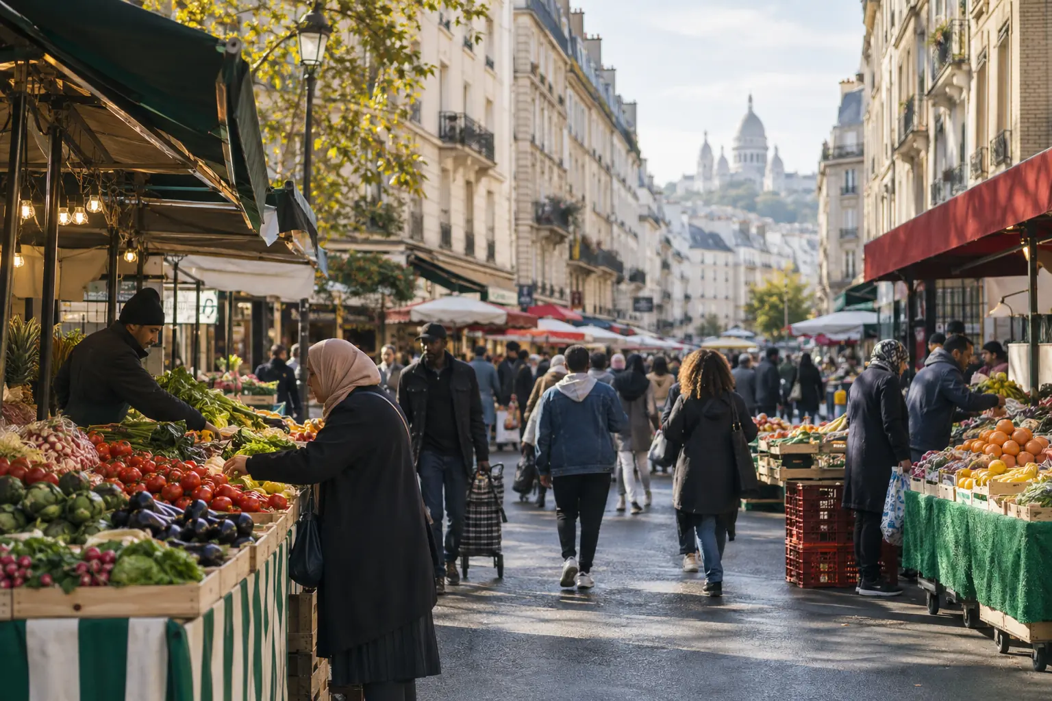 Illustration éditoriale : Étals de marché et passants dans une rue animée de Paris