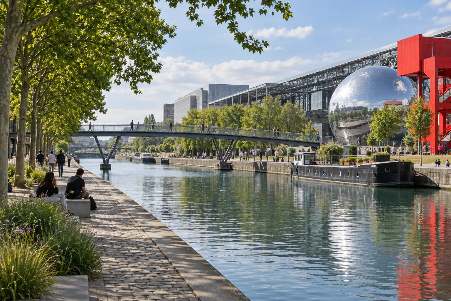 Illustration éditoriale : Promenade cyclable au bord du bassin de la Villette