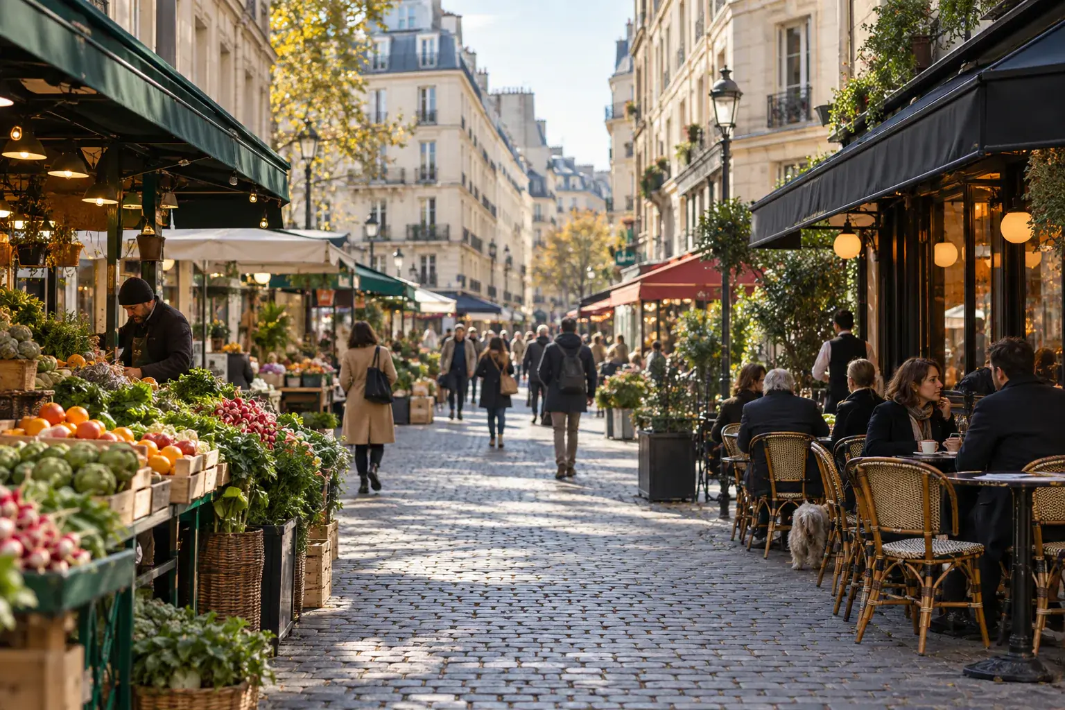 Illustration éditoriale : Commerces de bouche dans la rue Montorgueil au matin