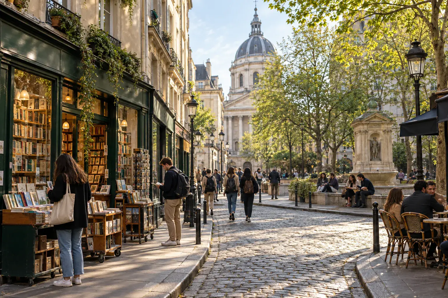 Illustration éditoriale : Bouquinistes et vélos dans une rue du Quartier latin