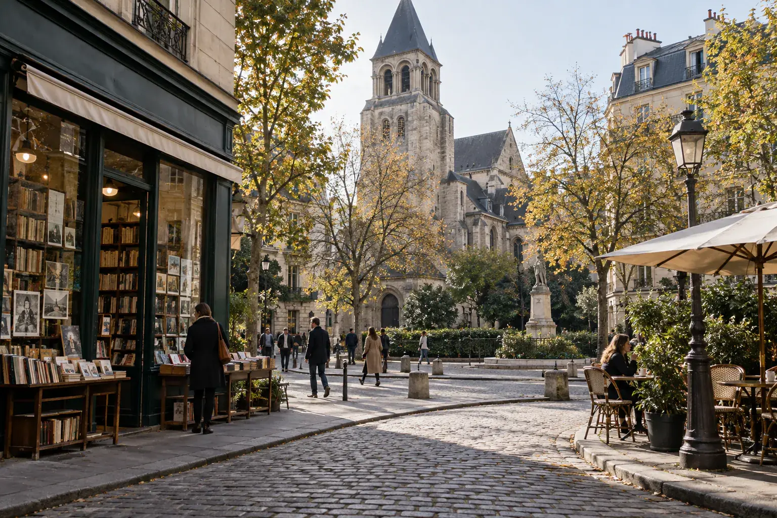 Illustration éditoriale : Librairie et terrasse dans une rue de Saint-Germain-des-Prés