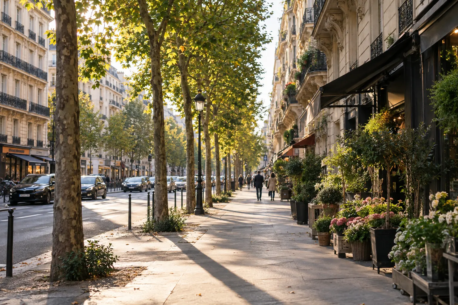 Illustration éditoriale : Avenue arborée bordée de commerces et d’immeubles parisiens